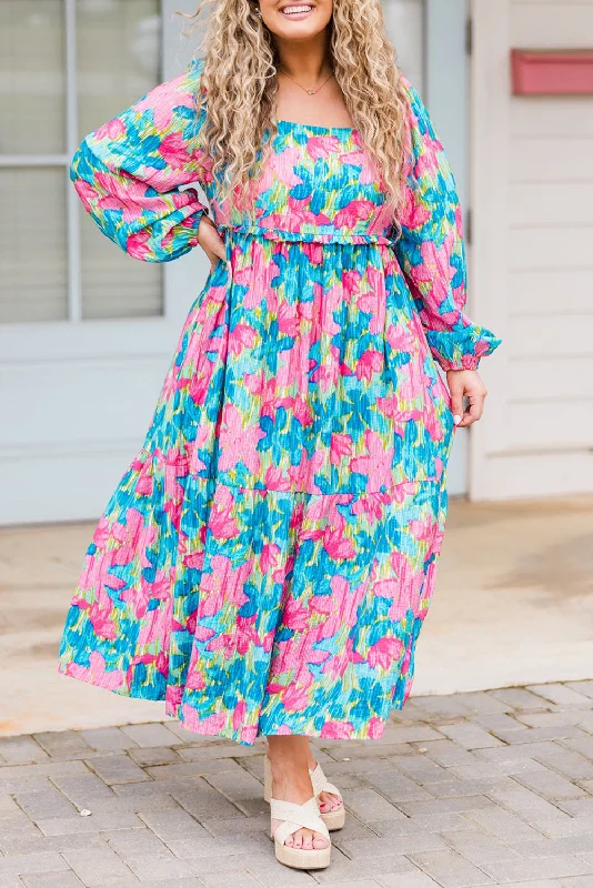 Blue Zone Planet |  Sky Blue Floral Allover Print Shirred Square Neck Plus Size Maxi Dress Cozy Longline Maxi Dress