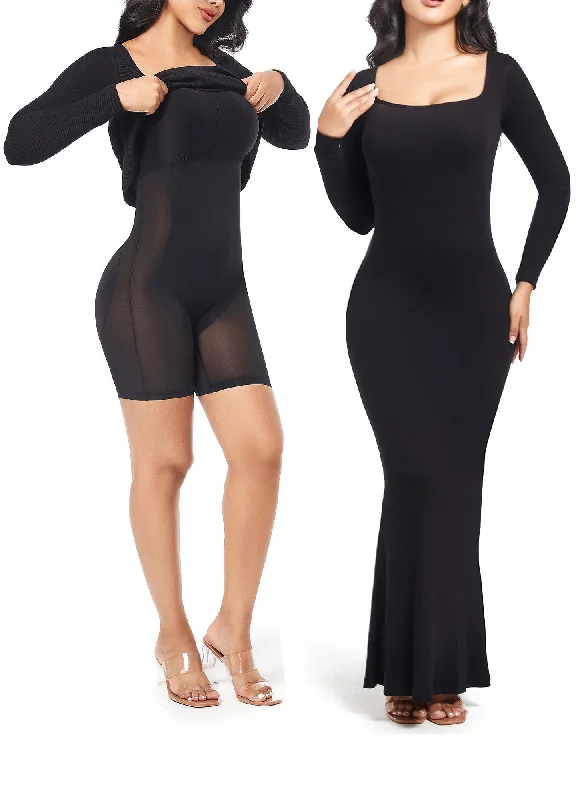 Built in Shaper Dress Long Sleeve Square Neck I Maxi Dresses with Tummy Control and Boobs Lifter Bodycon Shapewear Dress Classic Solid Maxi Dress