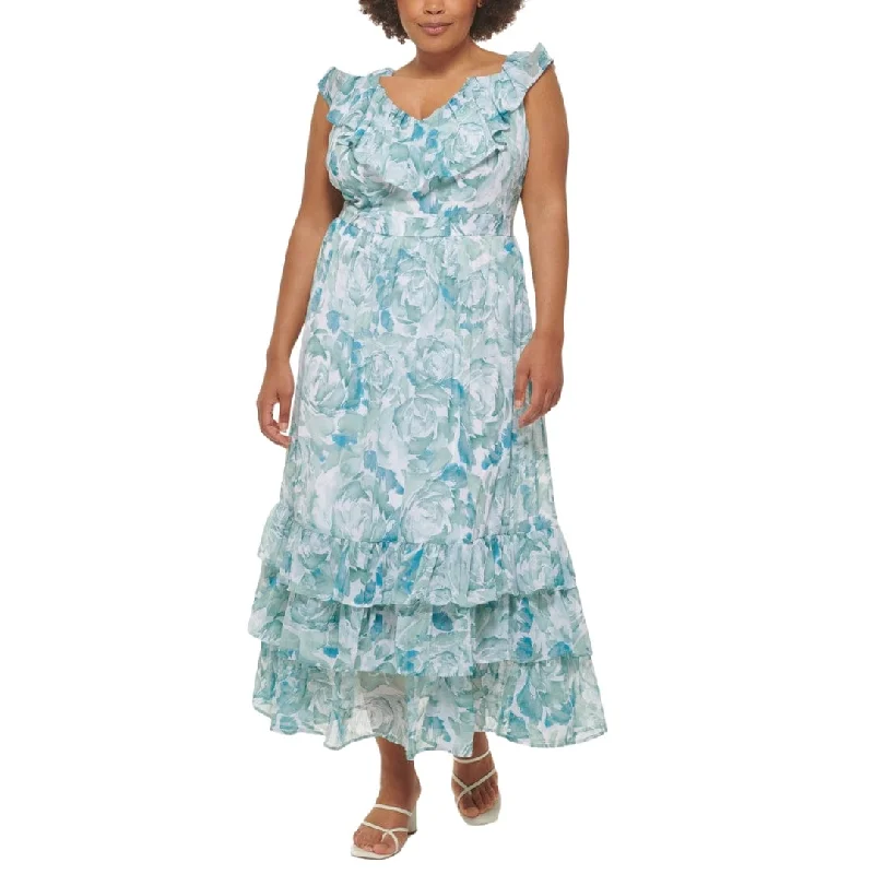 CALVIN KLEIN - Ruffled Sheer Tiered Lined Printed Maxi Dress Fashionable Layered Maxi Dress