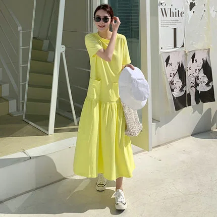 Casual Ruffled Yellow Long Maxi Dresses with Pockets Stylish One-Shoulder Maxi Dress