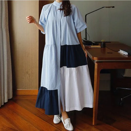 Casual Summer Contrast Color  A Line Long Maxi Dresses Comfortable Pleated Maxi Dress