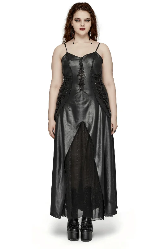 Daring Gothic Maxi Dress with Straps and Lace-up Back Fashionable Faux Wrap Maxi Dress