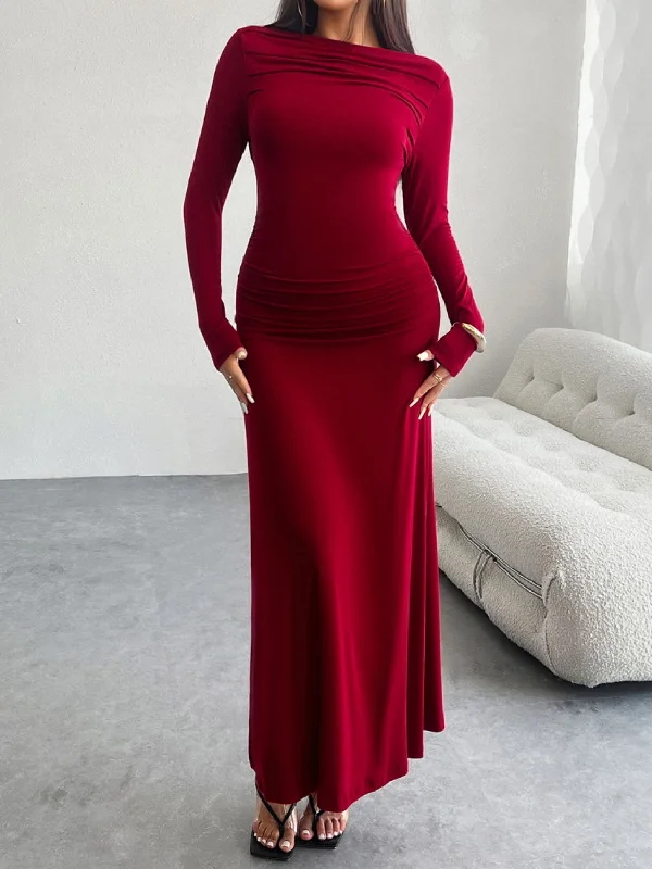 Devine Ruched Long Sleeve Maxi Dress Elegant Maxi Dress with Belt