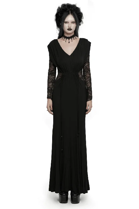 Elegant Gothic Lace Sleeved Maxi Dress for Women Stylish Pleated A-Line Maxi Dress