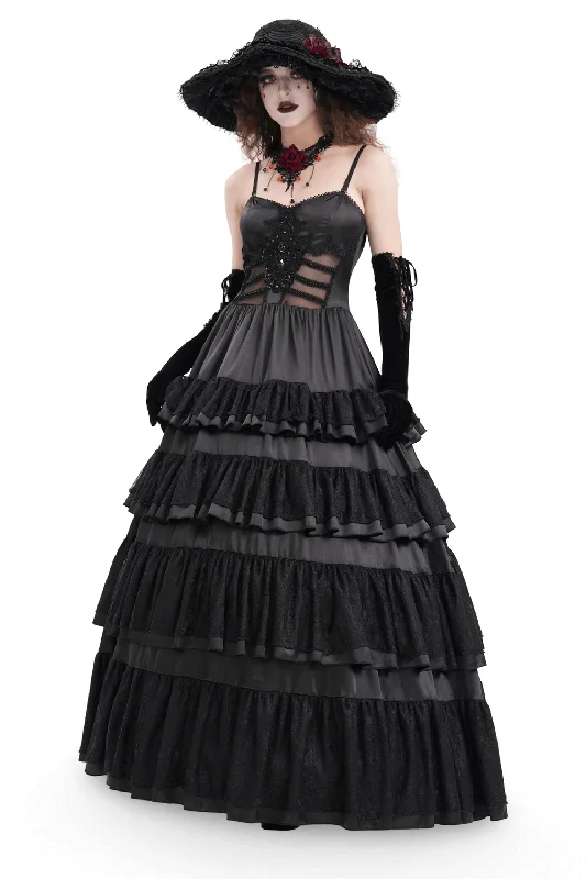 Elegant Gothic Lace Tiered Ruffle Maxi Dress with Straps Fashionable Halter Neck Maxi Dress