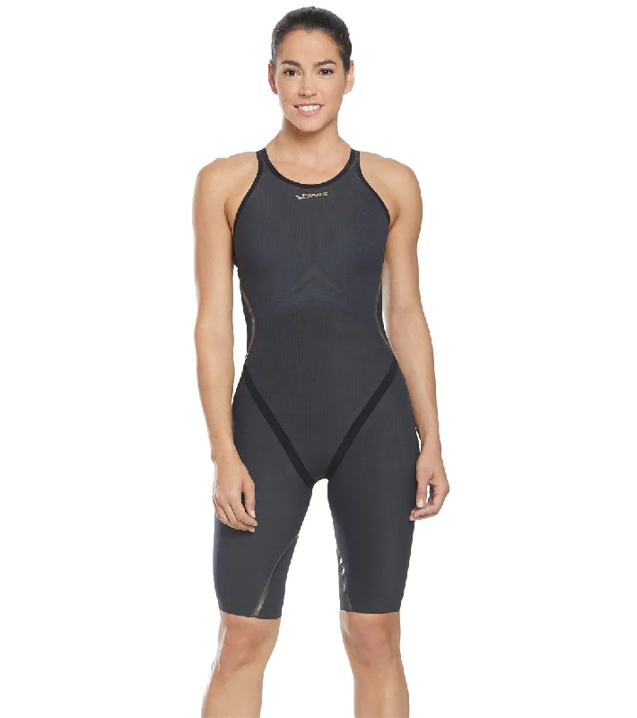 FINIS Women's Rival 2.0 Open Back Kneeskin Tech Suit Swimsuit Black Flirty Ruffle Swimsuit