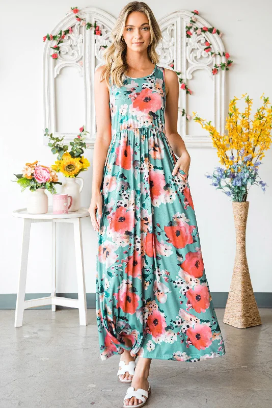 Floral Sleeveless Maxi Dress with Pockets Cozy Cold-Shoulder Maxi Dress