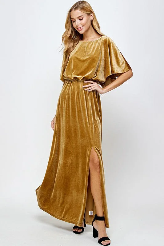 #: Formal Attire Only Gold Velvet Maxi Dress Stylish Maxi Dress with Pleats