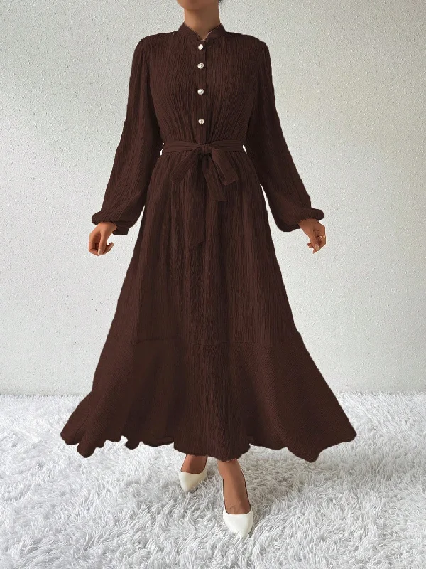 Half Button Tie Waist Long Sleeve Maxi Dress Stylish One-Shoulder Maxi Dress