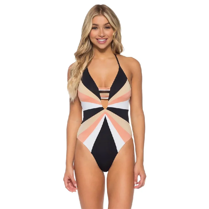 Isabella Rose Plunge Halter One Piece Womens Swimsuit Playful Pattern Swimsuit