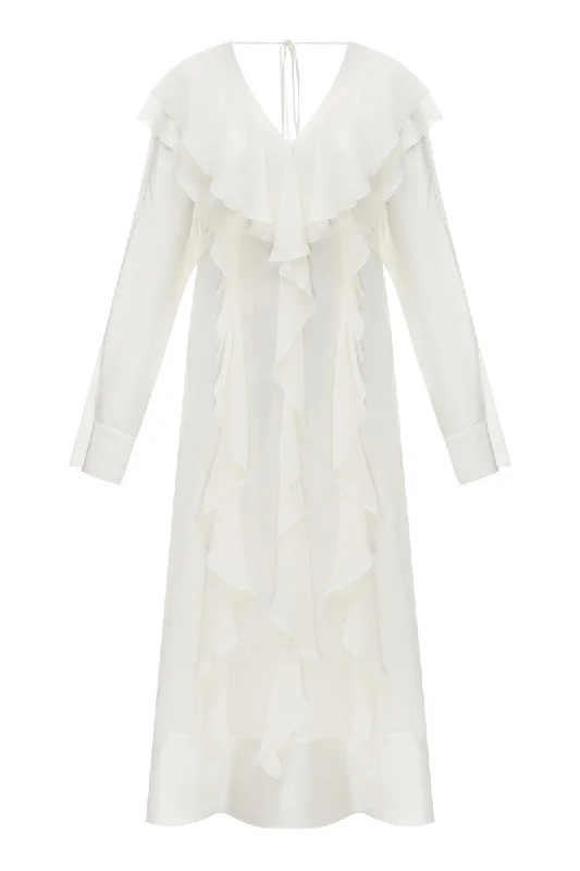 IVORY SILK AND CHIFFON MAXI DRESS Chic Button-Up Maxi Dress