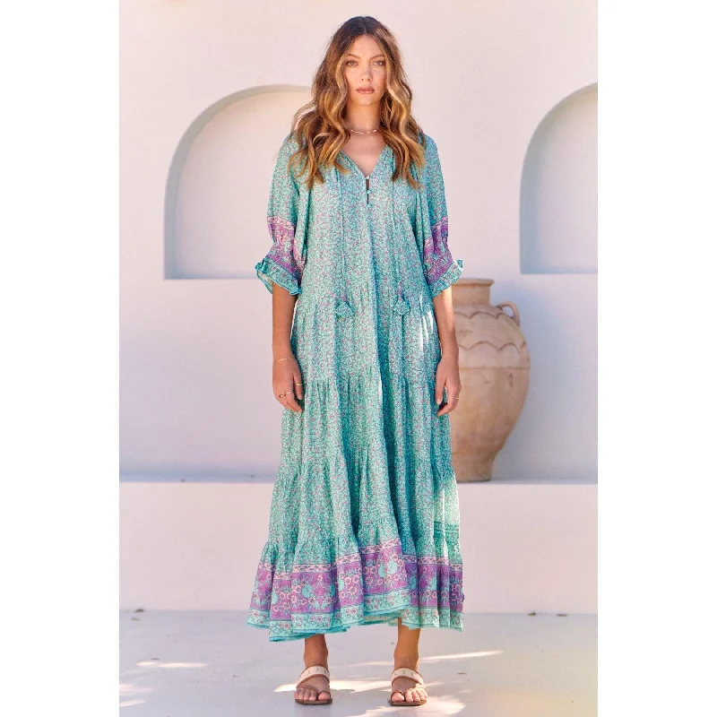 JAASE Aqua Love Birds Woods Maxi Dress Comfortable Maxi Dress with Belt