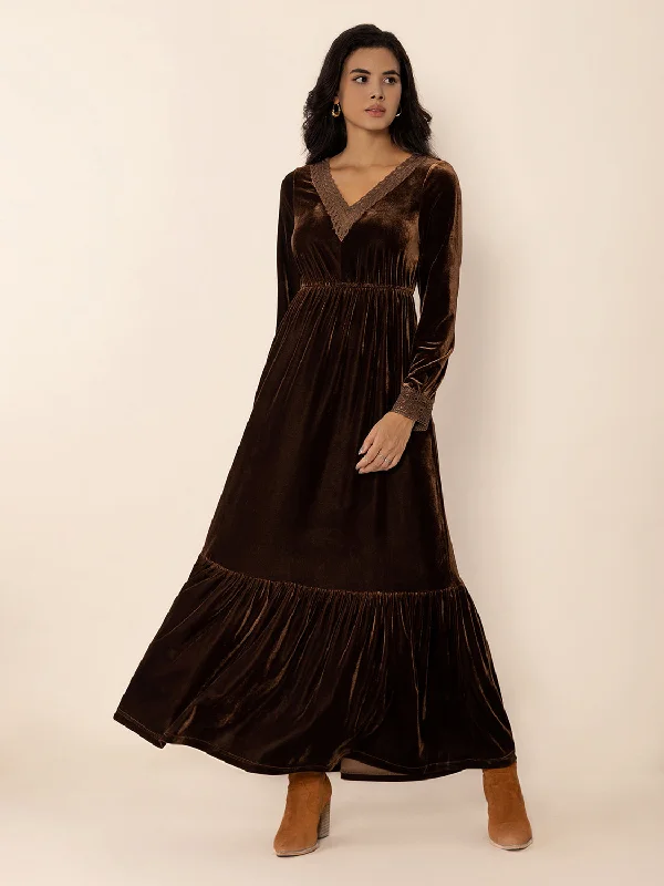 Lace Detail V-Neck Long Sleeve Maxi Dress Elegant Sleeveless Maxi Dress