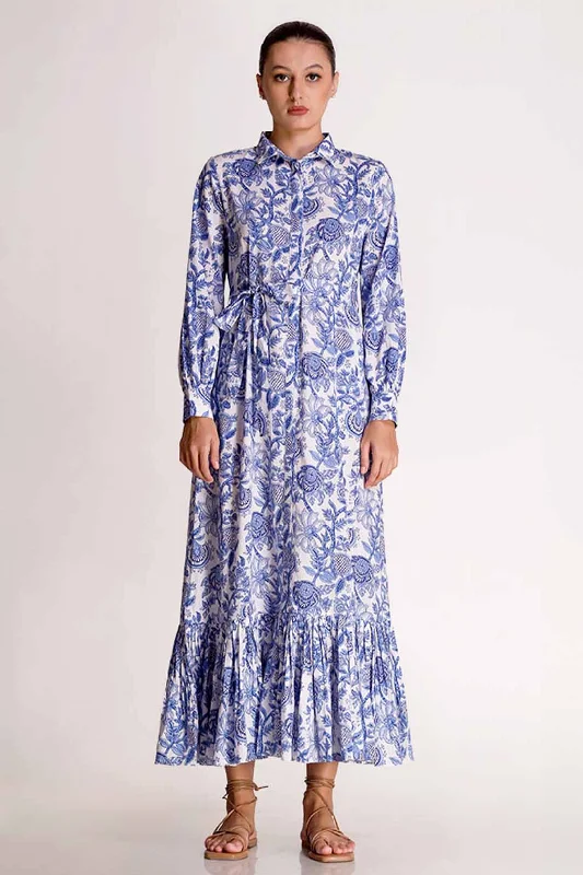 Linda - Porcelain Print Shirt Maxi Dress - Blue Chic Button-Up Maxi Dress