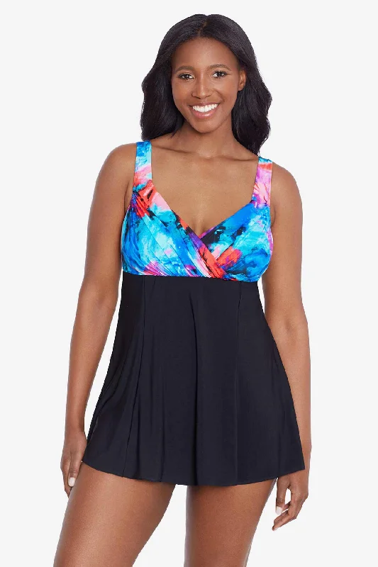 Crossover Draped Long Torso Swim Dress Paint Trip Plunge Back Swimsuit