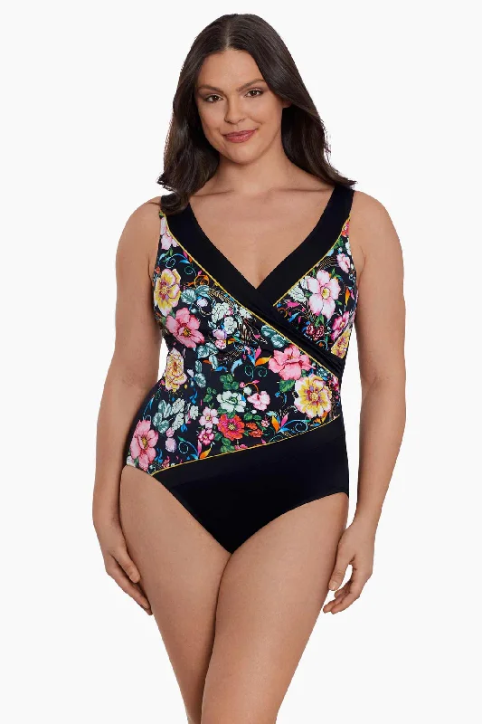 Piped Side Shirred Surplice Long Torso One Piece Swimsuit True Romance Playful Pattern Swimsuit