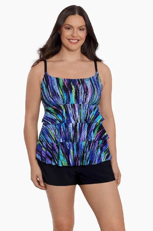 Ruffle Faux Shortini W/ Pockets Long Torso One Piece Swimsuit Brilliant Streaks Adjustable Swim Top