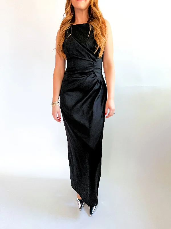 Side Shirring Maxi Dress Comfortable Maxi Dress with Sleeves