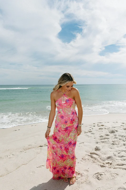 All For Florals Maxi Dress  - Fuchsia Multi Elegant Lace-Up Maxi Dress