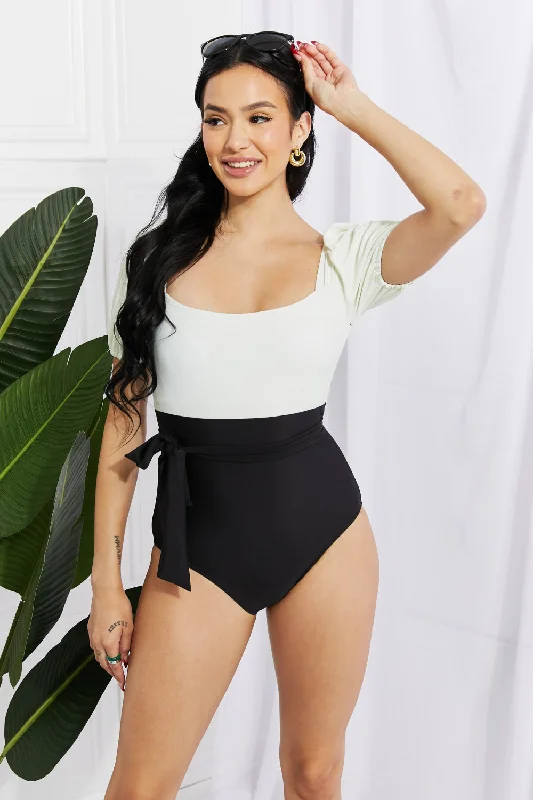 Marina West Swim Salty Air Puff Sleeve One-Piece in Cream/Black Strappy Back Bikini