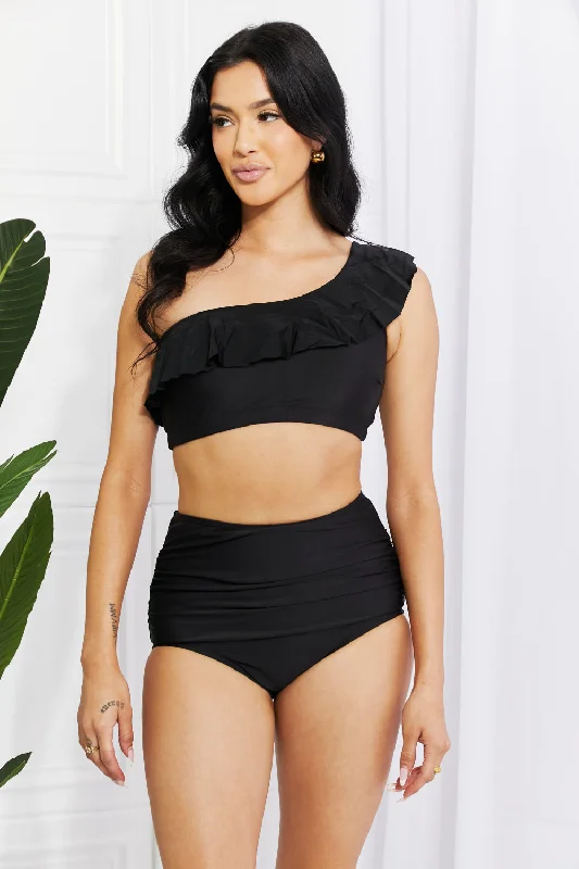 Marina West Swim Seaside Romance Ruffle One-Shoulder Bikini in Black Adjustable Bikini Bottoms