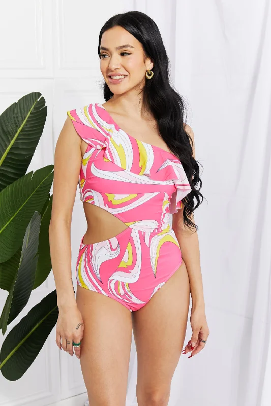 Marina West Swim Vitamin C Asymmetric Cutout Ruffle Swimsuit in Pink Monokini Swimsuit Design