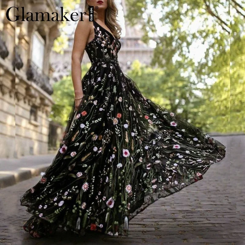 Mesh vintage floral embroidery maxi dress Women backless beach Stylish A-Line Maxi Dress