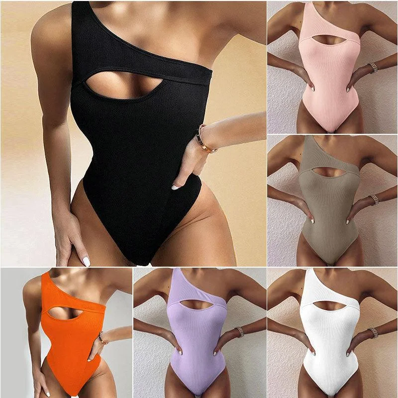 New Bikini Solid Color One-shoulder One-piece Swimsuit Women Beachy Ruffle Bikini