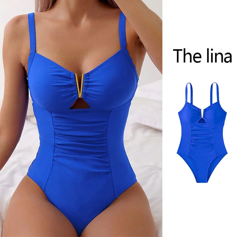 New V-neck Hollow One-piece Bikini Beach Fashion Pleated Belly Slimming Swimsuit Summer Womens Clothing Mesh Detail Bikini