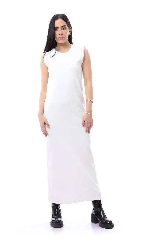 O166316 Off-White Self Ribbed Sleeveless Maxi Dress Trendy V-Neck Maxi Dress