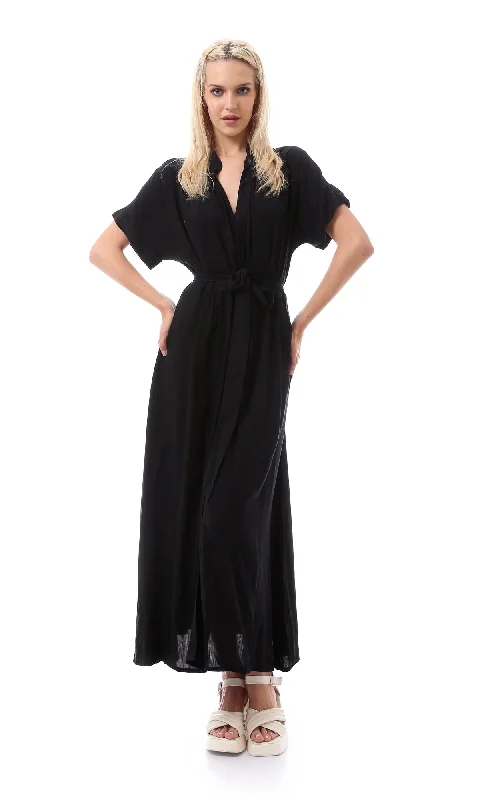 O167205 Women Short Sleeves Black Solid Basic Maxi Dress Comfortable Pleated Maxi Dress