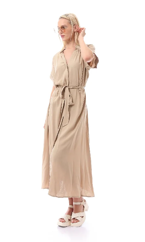 O167206 Women Short Sleeves Biege Maxi Dress Fashionable High-Waist Maxi Dress