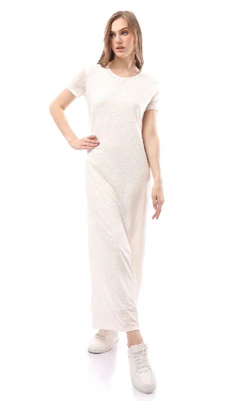 O171223 Heather Off-White Shor Sleeves Cotton Maxi Dress Elegant Tiered Maxi Dress