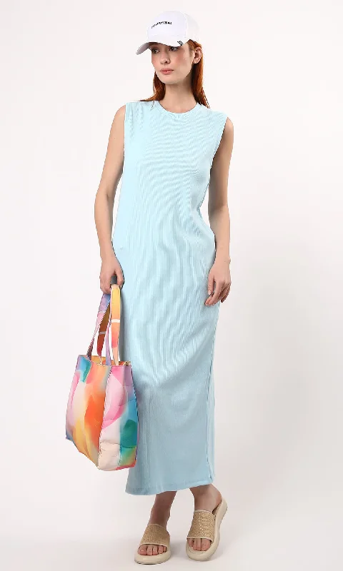 O189719 Round Neck Sleeveless Ribbed Maxi Dress - Aqua Elegant Wraparound Maxi Dress