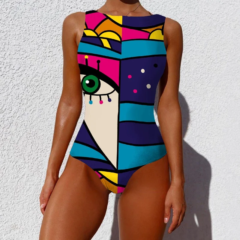 One-piece Fashion Vintage Abstract Print Lady Swimsuit Women Sleeveless Round Neck Bikini Swimwear Summer Push Up Swimsuit Classic Swimsuit Design