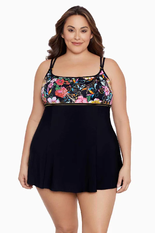 Plus Size Empire Princess Seam Long Torso Swim Dress W/ Hardware True Romance Ruched Swimwear Set