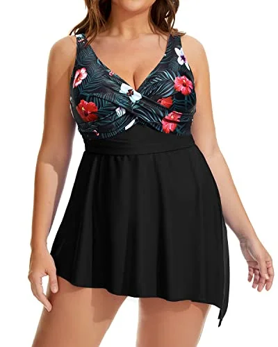 Plus Size Flowy Asymmetrical Hem Swim Dress Shorts-Black Floral Classic Swimsuit Design