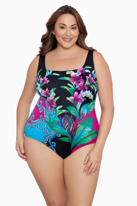 Plus Size Panel Scoopneck Tank Long Torso One Piece Swimsuit Hidden Wild Fun Pattern Swimsuit