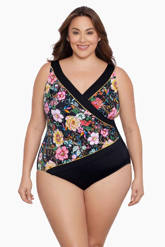 Plus Size Piped Side Shirred Surplice Long Torso One Piece Swimsuit True Romance Vintage Swimwear Look