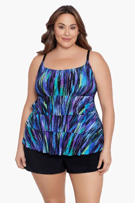 Plus Size Ruffle Faux Shortini W/ Pockets Long Torso One Piece Swimsuit Brilliant Streaks Push-Up Bikini Bottoms