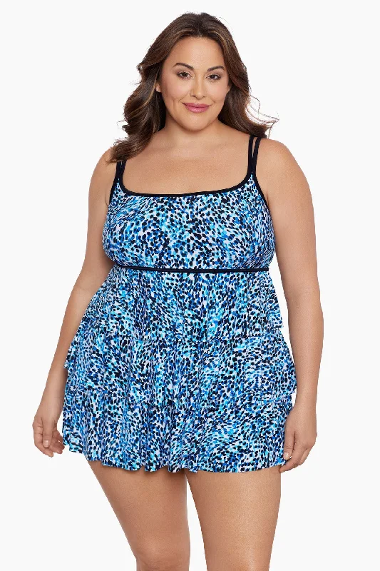 Plus Size Triple Tier Long Torso Swim Dress Spotty Skin Ruffled Swimsuit Top