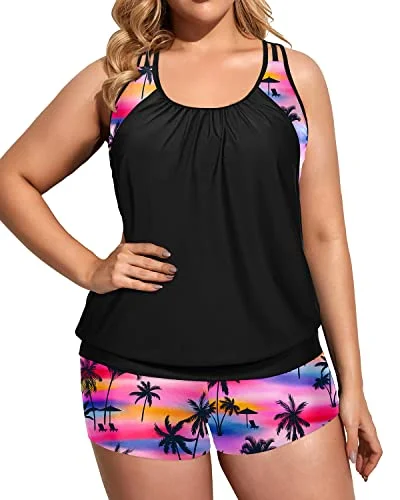 Plus Size Tankini Swimsuit For Women With Big Breasts-Black Conut Tree Sleek Racerback Swimsuit