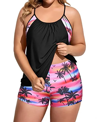 Loose Fit Two Piece Tankini Set Bathing Suits For Women-Black Conut Tree Elegant Swim Dress