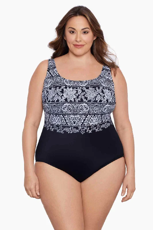 Plus Size X Back Tank Long Torso One Piece Swimsuit Night Seas Comfortable Swim Dress