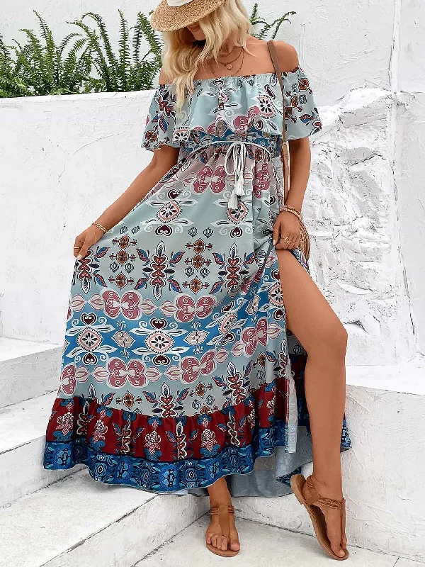 Printed Off-Shoulder Slit Maxi Dress Stylish Longline Maxi Dress