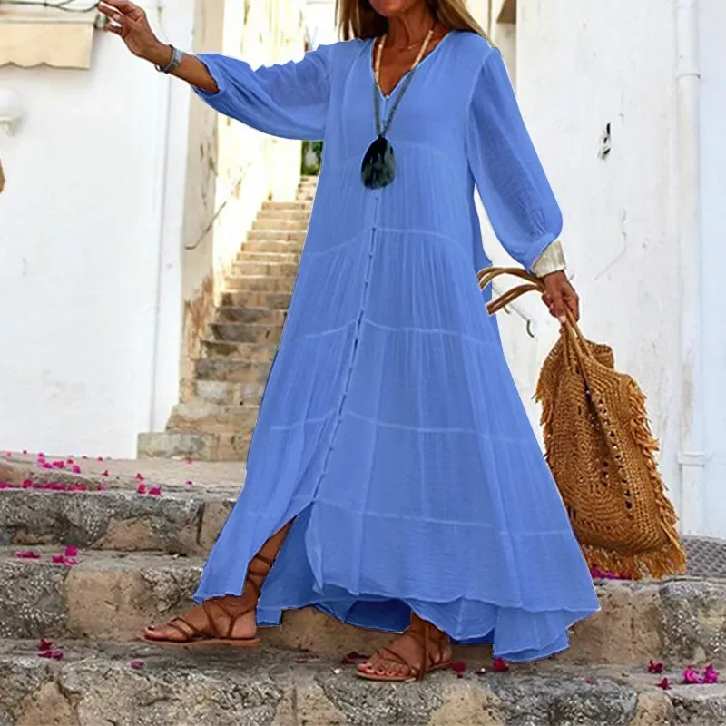 Ramadan /Eid  Women Casual Solid Color Bohemian V-Neck Long Sleeve Cotton And Linen Maxi Dress Fashionable Faux Wrap Maxi Dress