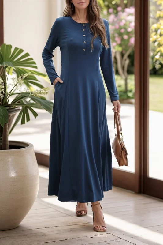 Round Neck Long Sleeve Maxi Dress with Pockets Trendy Off-Shoulder Ruffle Maxi Dress