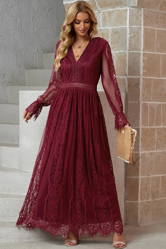 Scalloped Hem Flounce Sleeve Lace V-Neck Maxi Dress in White and Wine Cozy Wrap Maxi Dress