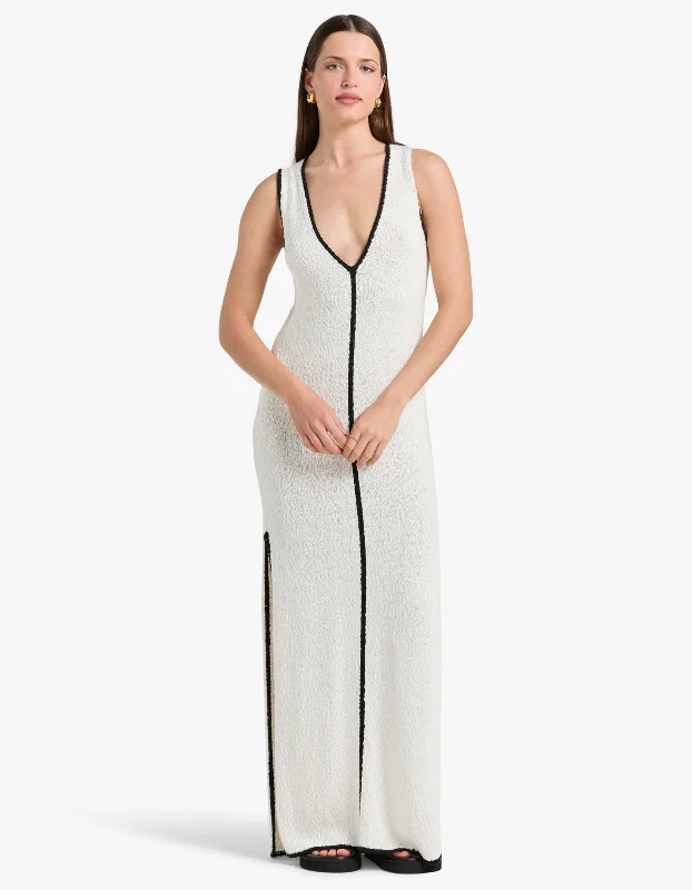 Lena Plunged Maxi Dress - Ivory/Black Trendy A-Line Maxi Dress