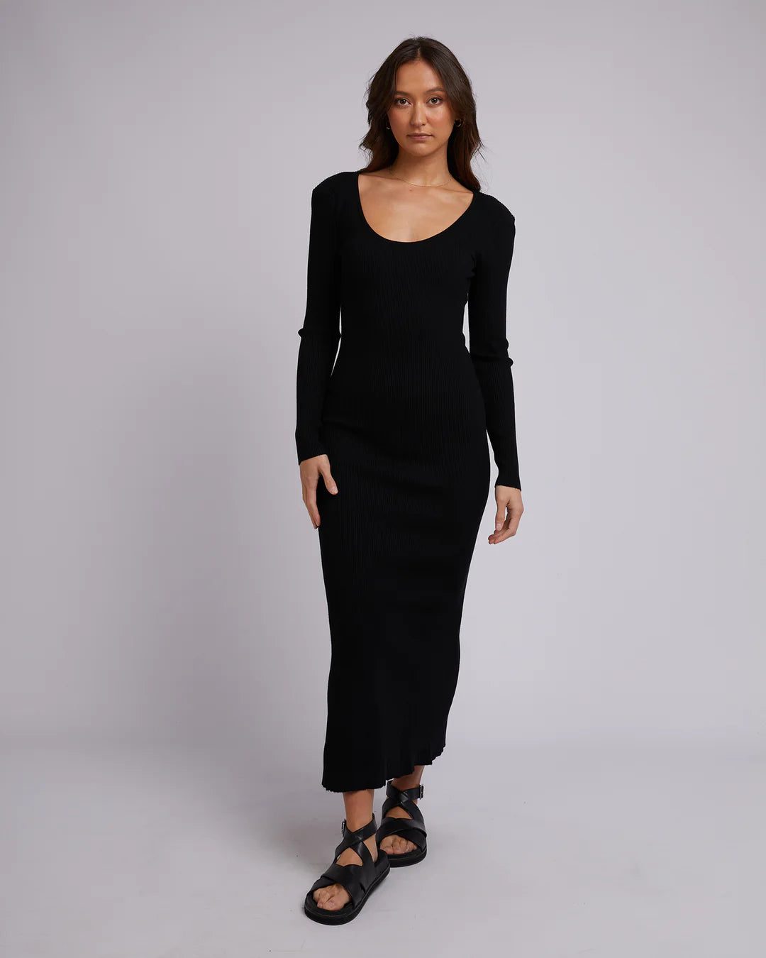 SILENT THEORY Freya Long Sleeve Womens Maxi Dress - Black Comfortable Plunging Neckline Maxi Dress